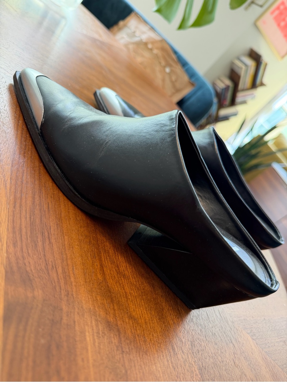 Zara Black Leather Cowboy Inspired Heeled Mules With Silver Tone Metal Toe - Picture 4 of 4